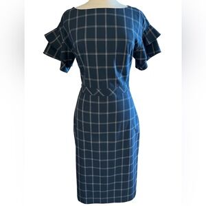 Banana Republic Retro Navy & White Midi Dress w/Short Ruffle Sleeves  Size 6